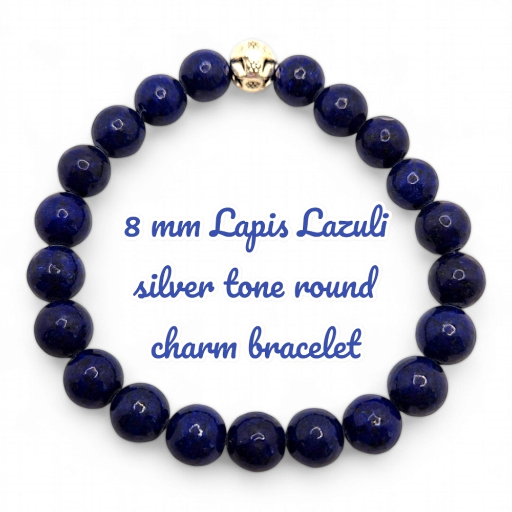8 mm Lapis Luzuli Silver tone round charm bracelet
